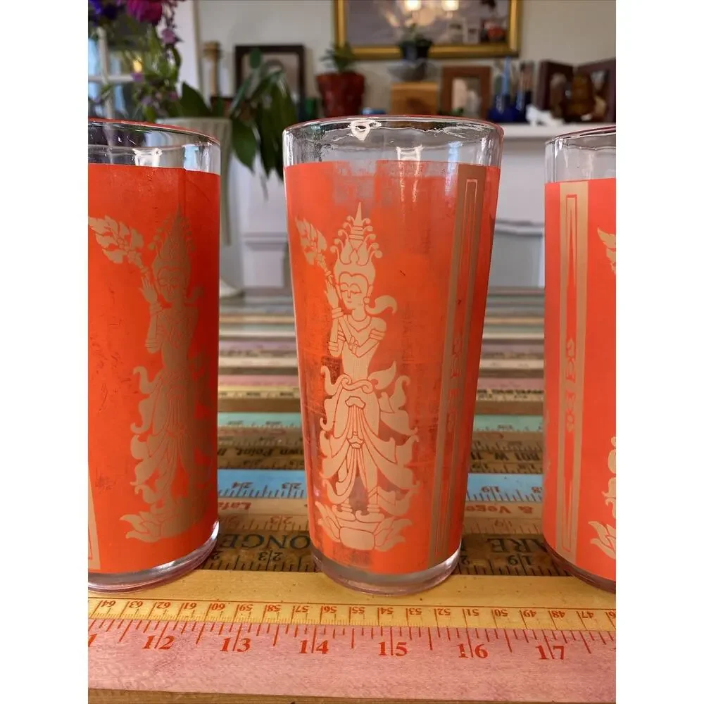 Thai Goddess High Ball Glass Mid Century Modern Retro Bar Set of 5 Asian MCM Red
